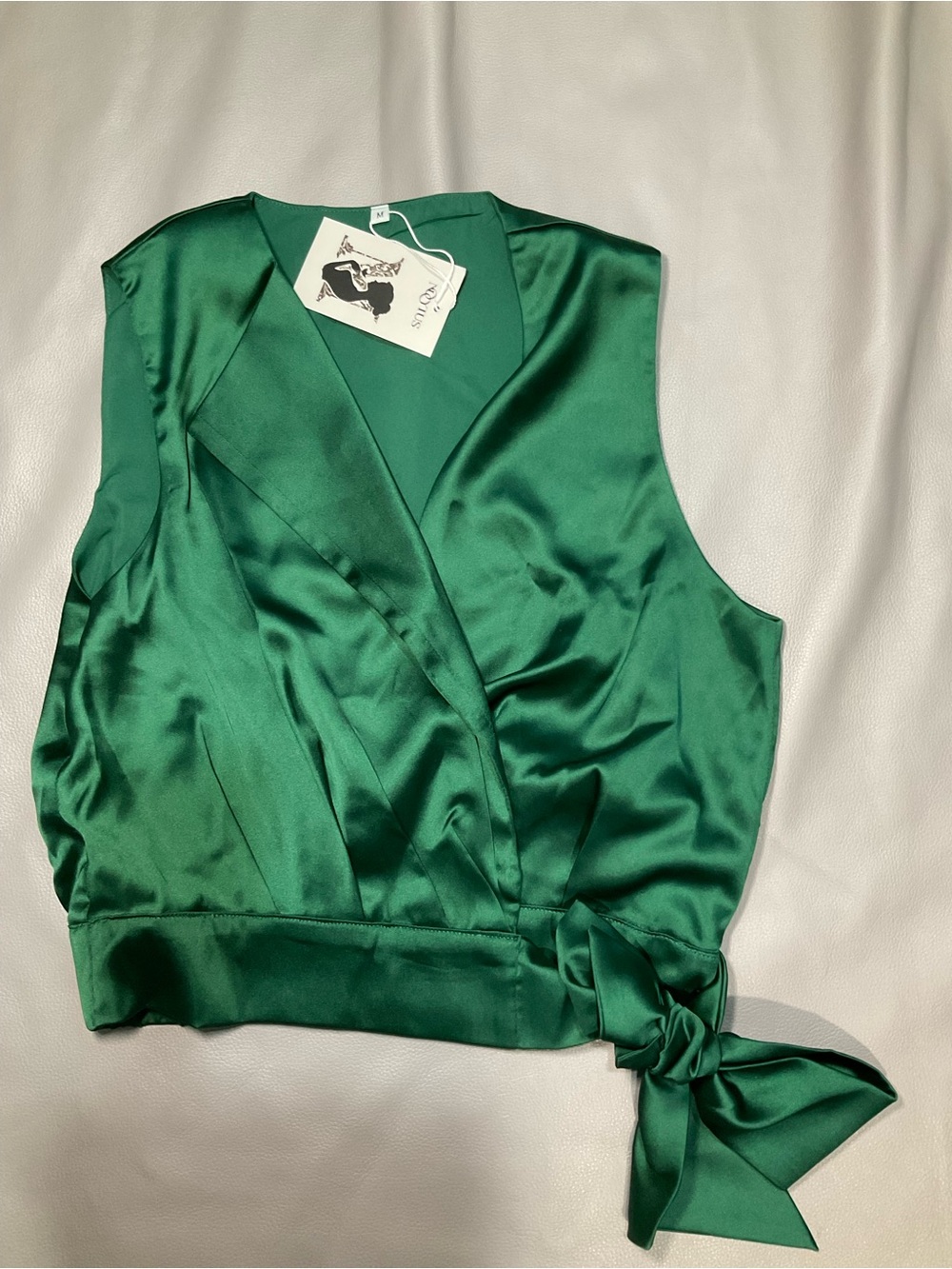 Silky Emerald Wrap Tie Sleeveless Blouse